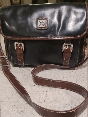 Giani Bernini Black Leather Satchel Crossbody Bag Brown Trim Buckles Y2K